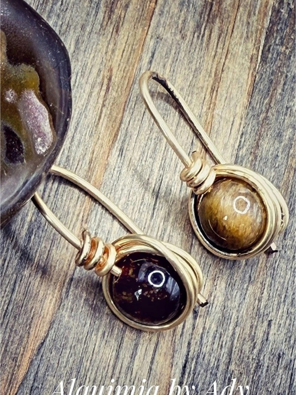 Tiger’s Eye Stone Drop Earrings in Brown & Gold